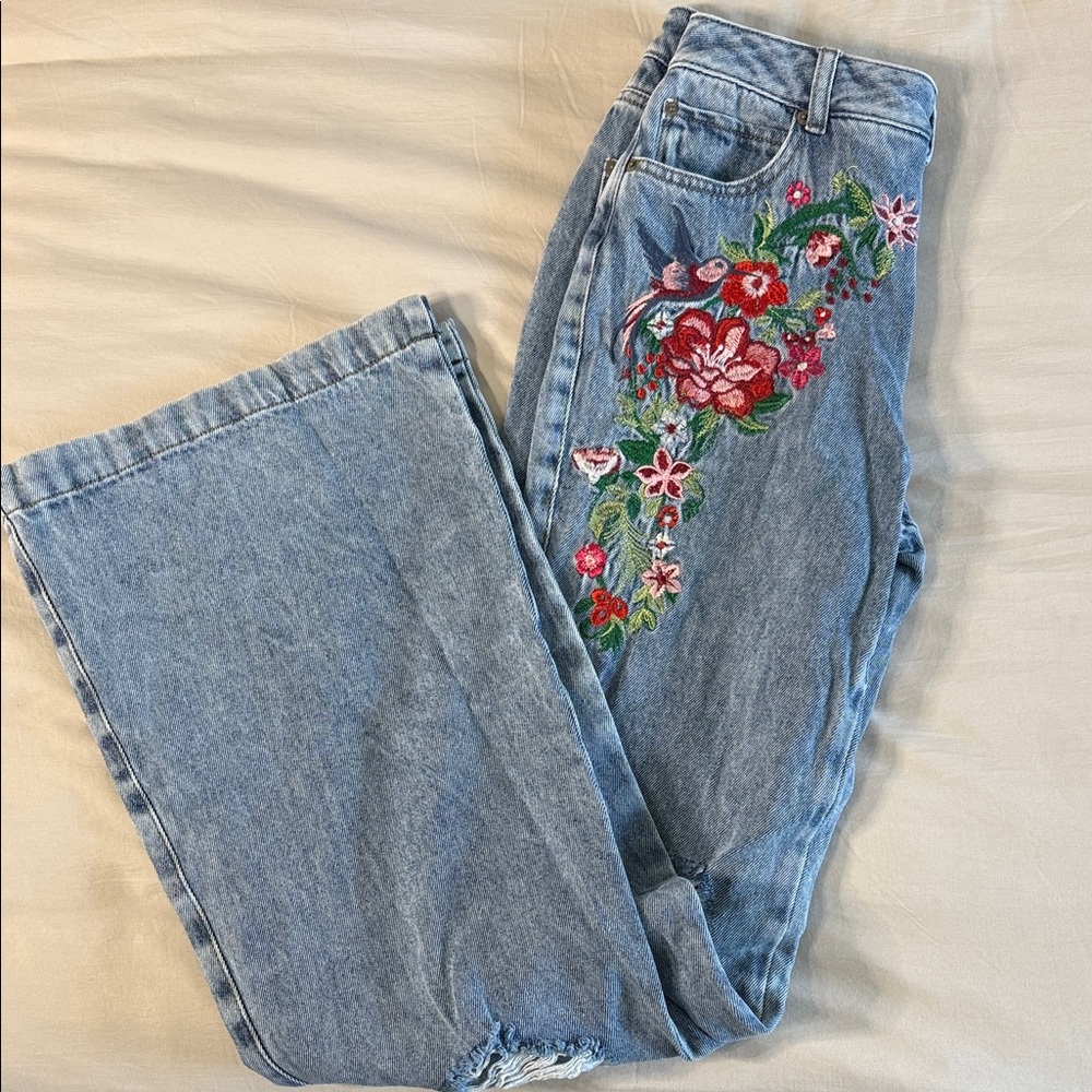 Embroidered Floral Wide Leg Jeans